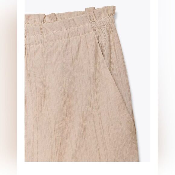 Zara Beige Textured Wave Crinkle Gauze Wide Leg Elastic Waist Sz S Pockets Boho - Picture 4 of 13